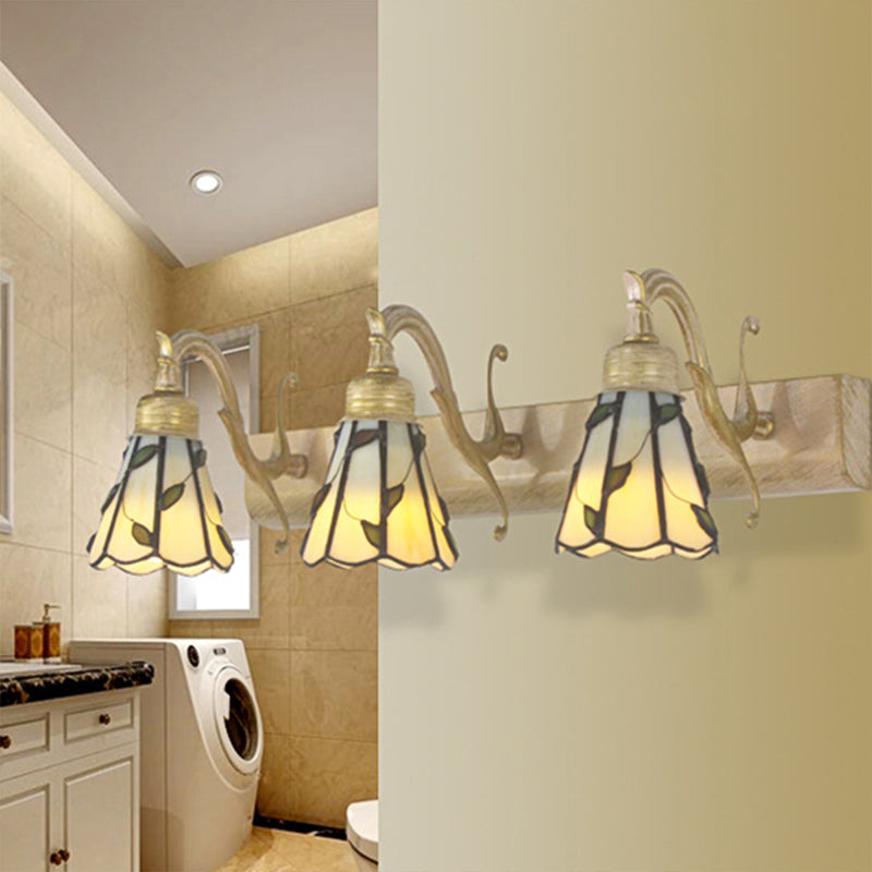 3 Köpfe Blatt Vanity Licht Rustikalen Loft Buntglas Makeup Spiegel Licht mit Linearer Rückwand in Kupfer/Antikmessing/Gold | Heim Zeile