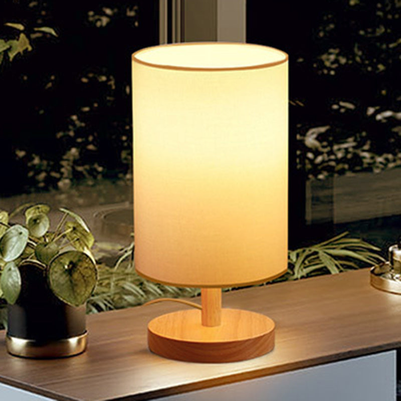 Traditionelle japanische Zylinder Holz Stoff 1-Licht Tischlampe für das Wohnzimmer