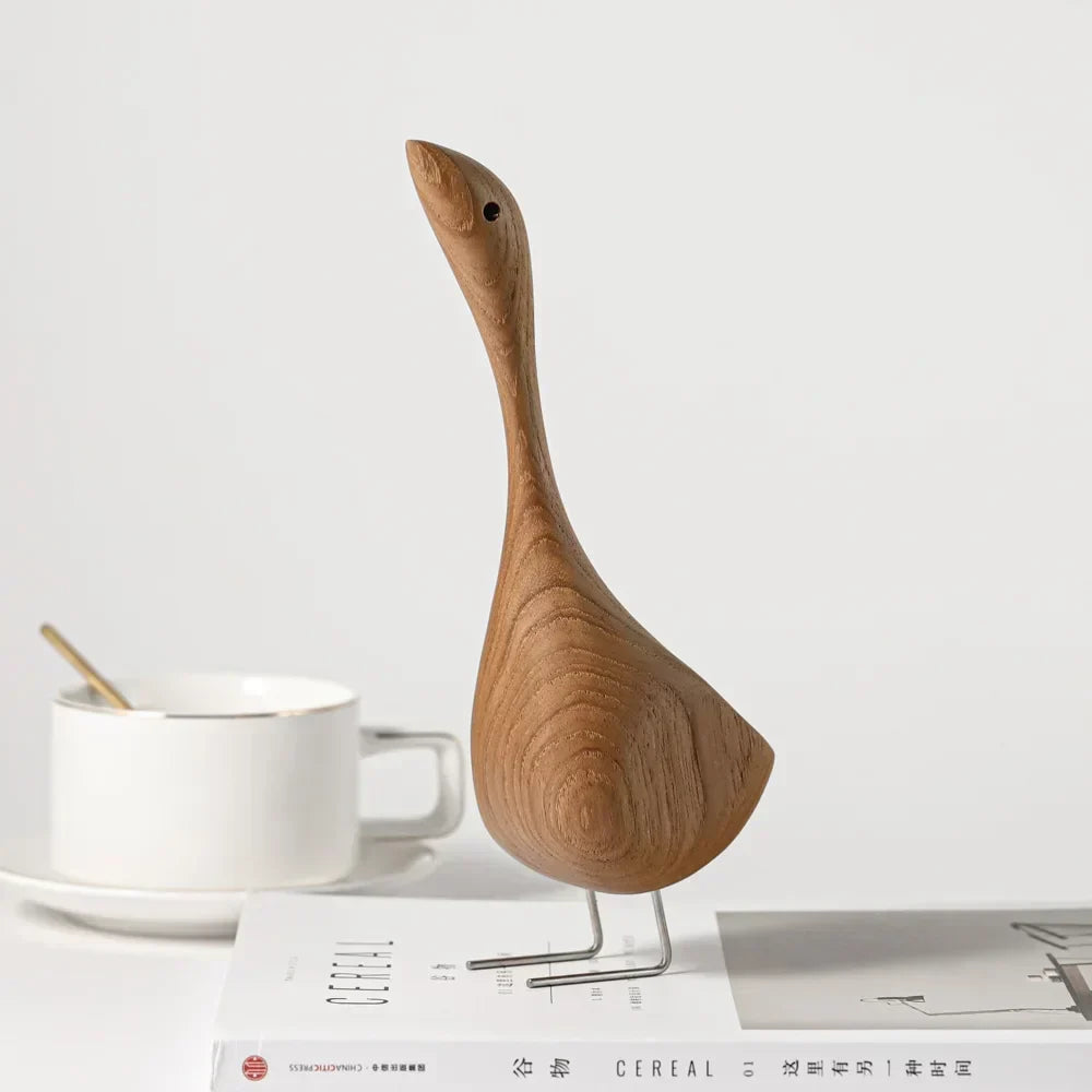 Nordic wooden goose figures abstract teak wood sculptures couple figures natural animal ornaments for home decor