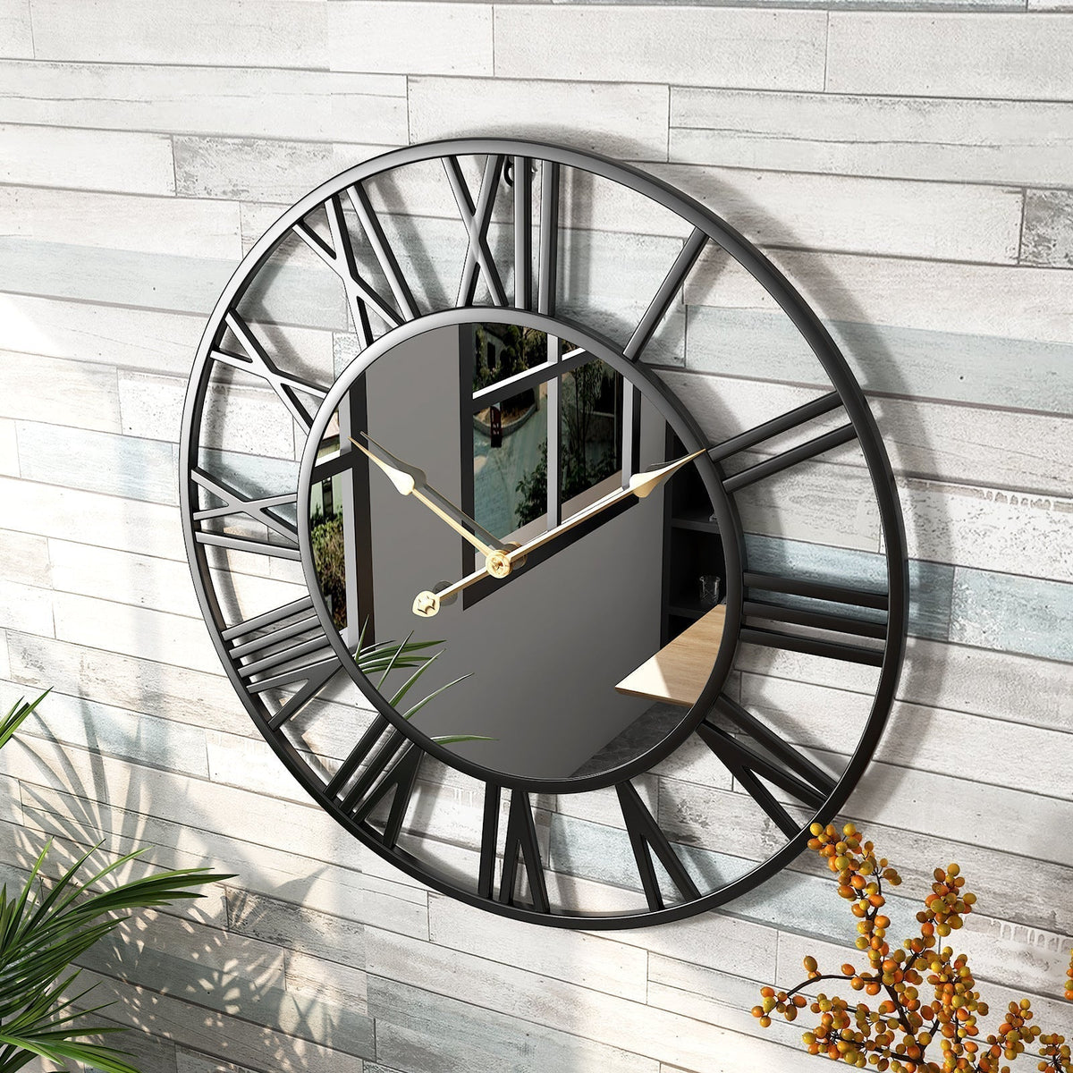 Heim Zeile | Metall Vintage Wanduhr in großer Größe mit Spiegel 39cm