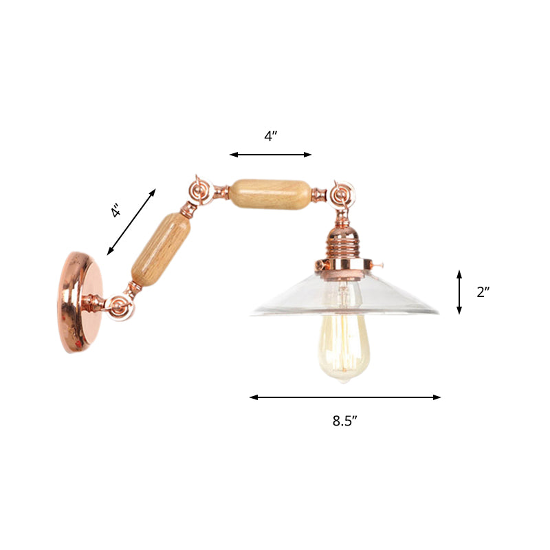 Klare Glas Holz Wandlampe Kegel 1-Licht Industriewandlampe mit ausziehbarem Arm