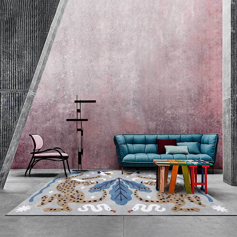 Stilvoller Tiermusterteppich grau und blau Nordic Teppich Polyester waschbar rutschfeste Rückseite Teppich für das Wohnzimmer