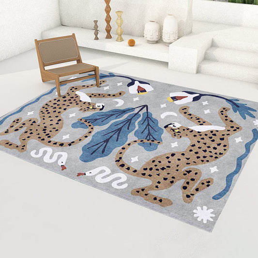 Stilvoller Tiermusterteppich grau und blau Nordic Teppich Polyester waschbar rutschfeste Rückseite Teppich für das Wohnzimmer
