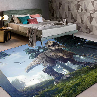 Blauer Neuheiten-Teppich Polyester Dinosaurier- und Baum-Muster Teppich waschbar rutschfeste Unterlage Teppich für das Wohnzimmer