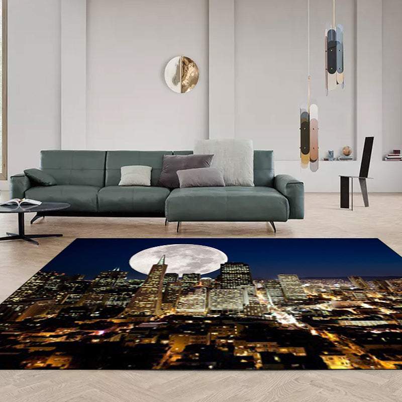 Moderne Geografie-Musterteppich mit Mond dunkelblauem Polyesterteppich maschinenwaschbar rutschfester Teppich für das Schlafzimmer