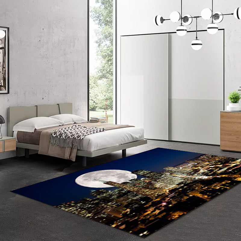 Moderne Geografie-Musterteppich mit Mond dunkelblauem Polyesterteppich maschinenwaschbar rutschfester Teppich für das Schlafzimmer