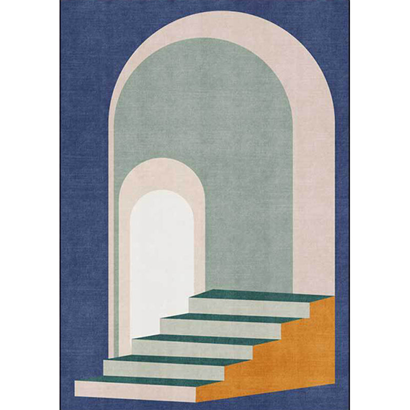 Moderner Wohnzimmerteppich in Blau- und Grüntonblock Tür Treppen Druck Teppich Polyester maschinenwaschbarer Bereichsteppich