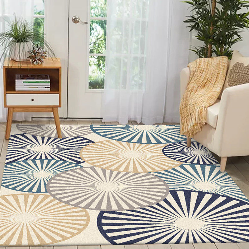 Stylischer radial gemusterter Teppich Beige und Blau Moderner Teppich Polyester Waschbar Rutschfeste Rückseite Teppich für das Wohnzimmer