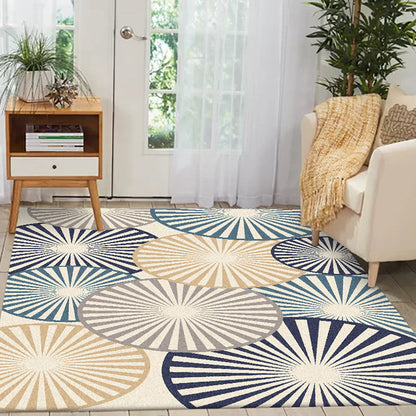 Stylischer radial gemusterter Teppich Beige und Blau Moderner Teppich Polyester Waschbar Rutschfeste Rückseite Teppich für das Wohnzimmer