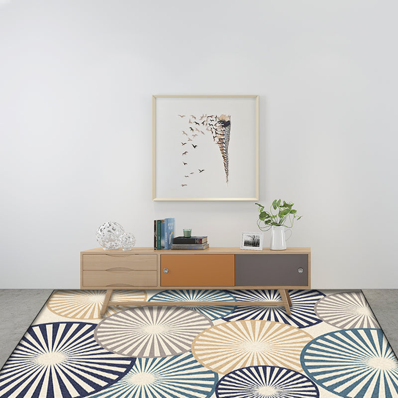 Stylischer radial gemusterter Teppich Beige und Blau Moderner Teppich Polyester Waschbar Rutschfeste Rückseite Teppich für das Wohnzimmer