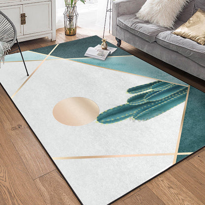 Moderner Wohnzimmerteppich in grün und grau Farbblock Kaktus Sonnenprint Teppich Polyester rutschfeste Unterlage waschbarer Teppich