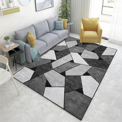 Moderner Wohnzimmerteppich in Schwarz und Grau, Farbblock, unregelmäßige Form, bedruckter Teppich, Polyester, maschinenwaschbar.
