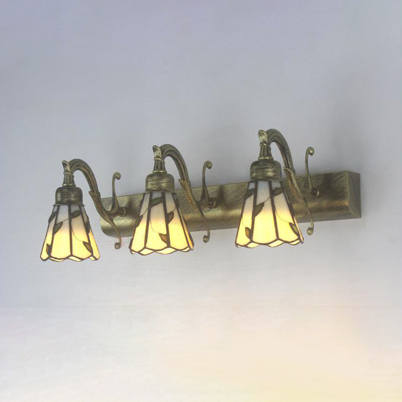 3 Köpfe Blatt Vanity Licht Rustikalen Loft Buntglas Makeup Spiegel Licht mit Linearer Rückwand in Kupfer/Antikmessing/Gold | Heim Zeile