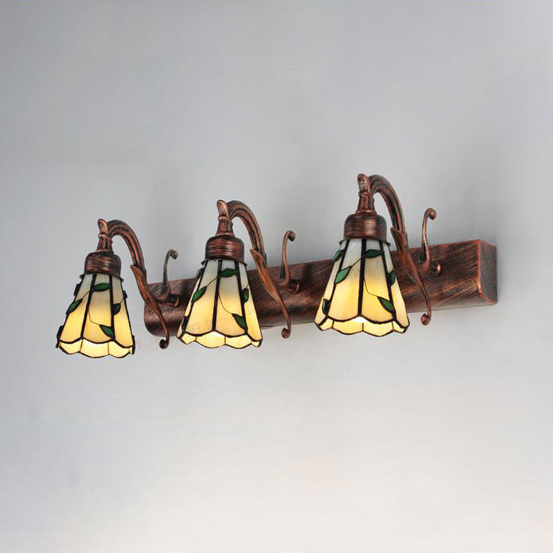 3 Köpfe Blatt Vanity Licht Rustikalen Loft Buntglas Makeup Spiegel Licht mit Linearer Rückwand in Kupfer/Antikmessing/Gold | Heim Zeile