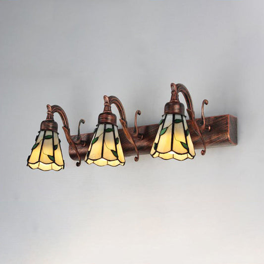 3 Köpfe Blatt Vanity Licht Rustikalen Loft Buntglas Makeup Spiegel Licht mit Linearer Rückwand in Kupfer/Antikmessing/Gold | Heim Zeile