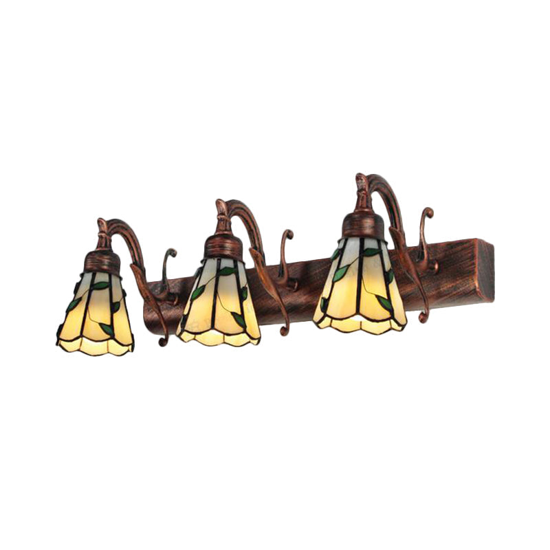 3 Köpfe Blatt Vanity Licht Rustikalen Loft Buntglas Makeup Spiegel Licht mit Linearer Rückwand in Kupfer/Antikmessing/Gold | Heim Zeile