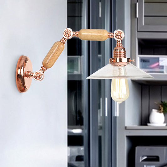 Klare Glas Holz Wandlampe Kegel 1-Licht Industriewandlampe mit ausziehbarem Arm