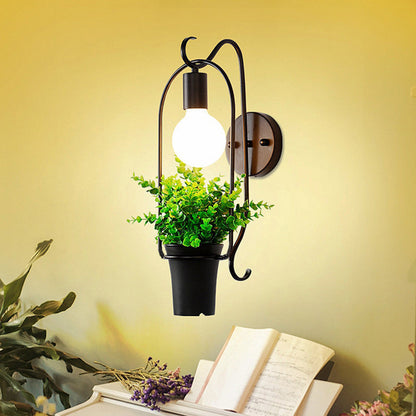 Topfpflanze Restaurant Wandlampe Industrie Metall 1 Licht Schwarz LED Wandbeleuchtung