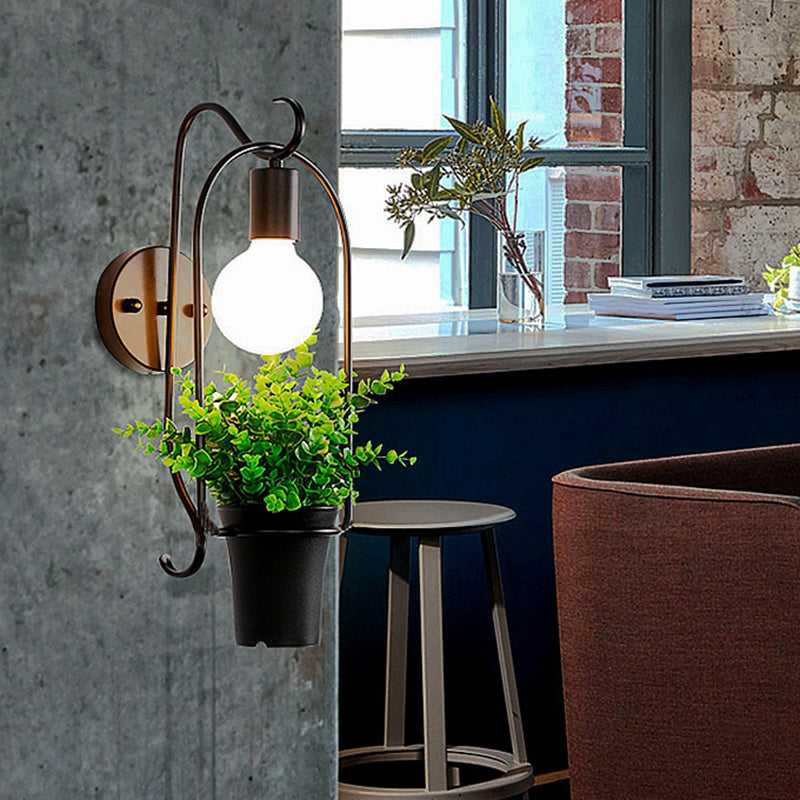 Topfpflanze Restaurant Wandlampe Industrie Metall 1 Licht Schwarz LED Wandbeleuchtung