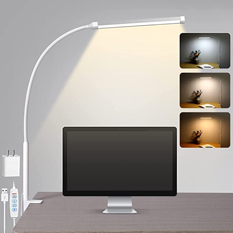 LED Schreibtischlampe mit Licht, augenfreundliche Klemmlampe für das Home Office, 3 Modi 10 Helligkeitsstufen, langer flexibler Schwanenhalss, Metall, Schwenkarm-Architekt-Schreibtischlampen mit USB-Adapter, Weiß