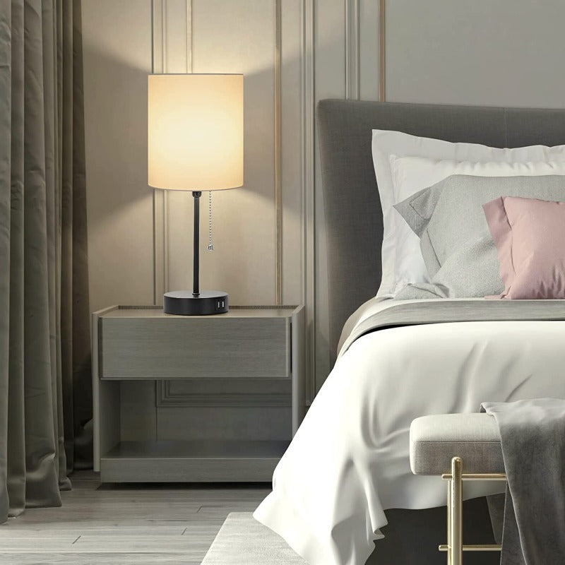 Tischlampen Set aus 2 mit USB-Ladeanschlüssen, graue Nachttischlampen mit AC-Steckdose, Nachttischlampen mit Zugschalter, minimalistische moderne Schreibtischlampen mit Stoffschirm für Wohnzimmer Schlafzimmer Büro