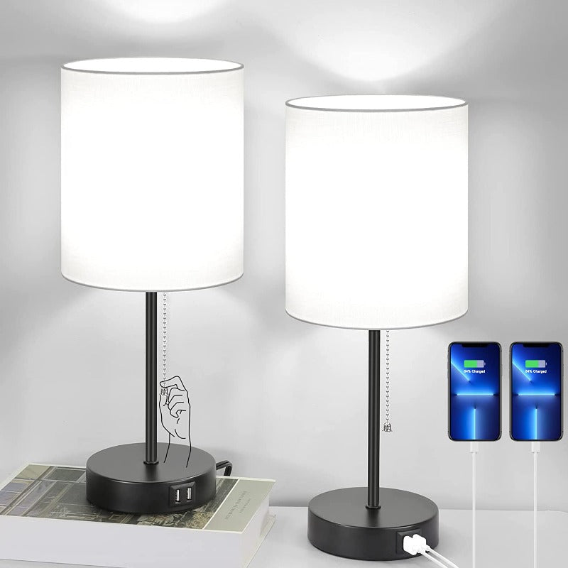 Tischlampen Set aus 2 mit USB-Ladeanschlüssen, graue Nachttischlampen mit AC-Steckdose, Nachttischlampen mit Zugschalter, minimalistische moderne Schreibtischlampen mit Stoffschirm für Wohnzimmer Schlafzimmer Büro
