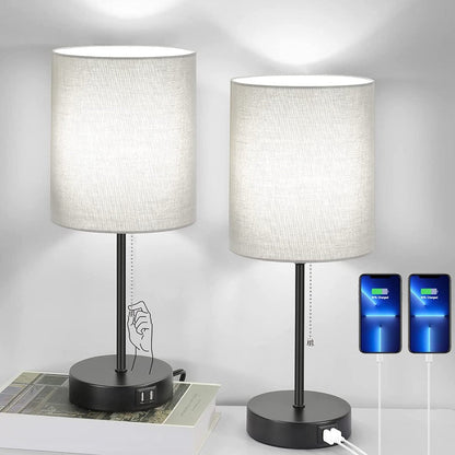 Tischlampen Set aus 2 mit USB-Ladeanschlüssen, graue Nachttischlampen mit AC-Steckdose, Nachttischlampen mit Zugschalter, minimalistische moderne Schreibtischlampen mit Stoffschirm für Wohnzimmer Schlafzimmer Büro