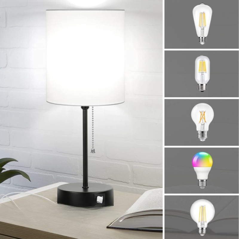 Tischlampen Set aus 2 mit USB-Ladeanschlüssen, graue Nachttischlampen mit AC-Steckdose, Nachttischlampen mit Zugschalter, minimalistische moderne Schreibtischlampen mit Stoffschirm für Wohnzimmer Schlafzimmer Büro