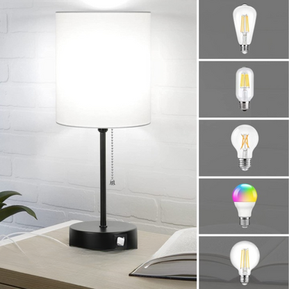 Tischlampen Set aus 2 mit USB-Ladeanschlüssen, graue Nachttischlampen mit AC-Steckdose, Nachttischlampen mit Zugschalter, minimalistische moderne Schreibtischlampen mit Stoffschirm für Wohnzimmer Schlafzimmer Büro