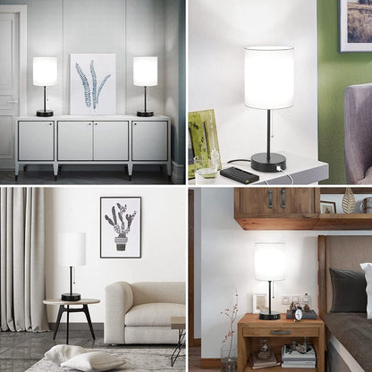 Tischlampen Set aus 2 mit USB-Ladeanschlüssen, graue Nachttischlampen mit AC-Steckdose, Nachttischlampen mit Zugschalter, minimalistische moderne Schreibtischlampen mit Stoffschirm für Wohnzimmer Schlafzimmer Büro