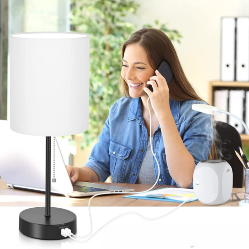Tischlampen Set aus 2 mit USB-Ladeanschlüssen, graue Nachttischlampen mit AC-Steckdose, Nachttischlampen mit Zugschalter, minimalistische moderne Schreibtischlampen mit Stoffschirm für Wohnzimmer Schlafzimmer Büro