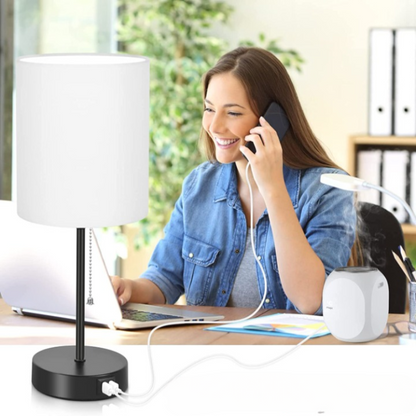Tischlampen Set aus 2 mit USB-Ladeanschlüssen, graue Nachttischlampen mit AC-Steckdose, Nachttischlampen mit Zugschalter, minimalistische moderne Schreibtischlampen mit Stoffschirm für Wohnzimmer Schlafzimmer Büro