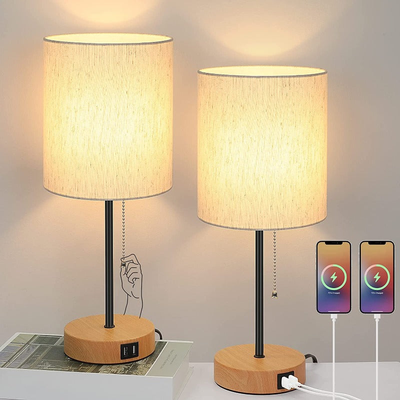 Tischlampen Set aus 2 mit USB-Ladeanschlüssen, graue Nachttischlampen mit AC-Steckdose, Nachttischlampen mit Zugschalter, minimalistische moderne Schreibtischlampen mit Stoffschirm für Wohnzimmer Schlafzimmer Büro