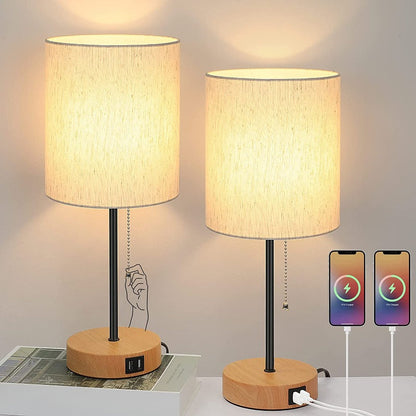 Tischlampen Set aus 2 mit USB-Ladeanschlüssen, graue Nachttischlampen mit AC-Steckdose, Nachttischlampen mit Zugschalter, minimalistische moderne Schreibtischlampen mit Stoffschirm für Wohnzimmer Schlafzimmer Büro