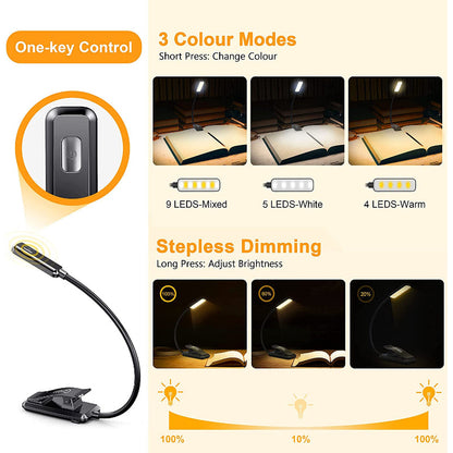Kaufen Sie 9 LED-USB-wiederaufladbare Leselampe für das Lesen im Bett - augenfreundlich, stufenlos dimmbar | Kleine leichte Clip-Leselampe