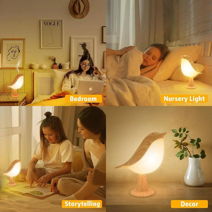 Touch-Control Holz Vogel Nachtlicht - Wiederaufladbare LED Schreibtischlampe