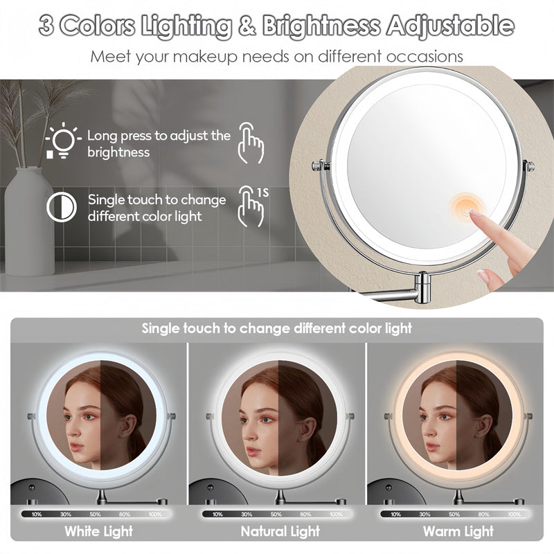 Heim Zeile | Wiederaufladbarer wandmontierter Rasierm Spiegel | 360° Drehung. 1X/10X Vergrößerung und verstellbare LED-Beleuchtung für die Nutzung im Badezimmer