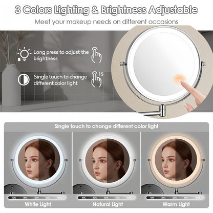 Heim Zeile | Wiederaufladbarer wandmontierter Rasierm Spiegel | 360° Drehung. 1X/10X Vergrößerung und verstellbare LED-Beleuchtung für die Nutzung im Badezimmer