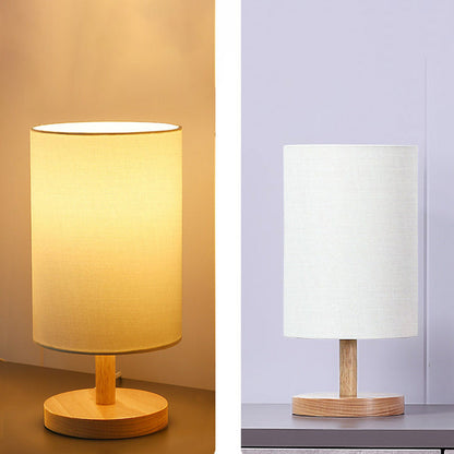 Traditionelle japanische Zylinder Holz Stoff 1-Licht Tischlampe für das Wohnzimmer