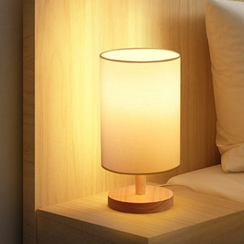 Traditionelle japanische Zylinder Holz Stoff 1-Licht Tischlampe für das Wohnzimmer