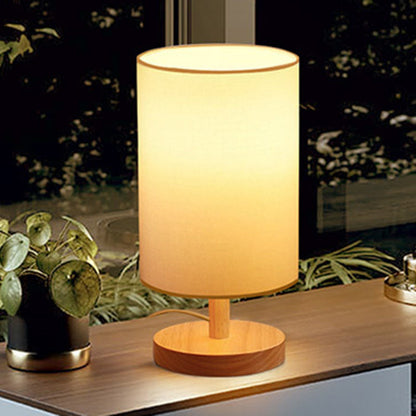 Traditionelle japanische Zylinder Holz Stoff 1-Licht Tischlampe für das Wohnzimmer