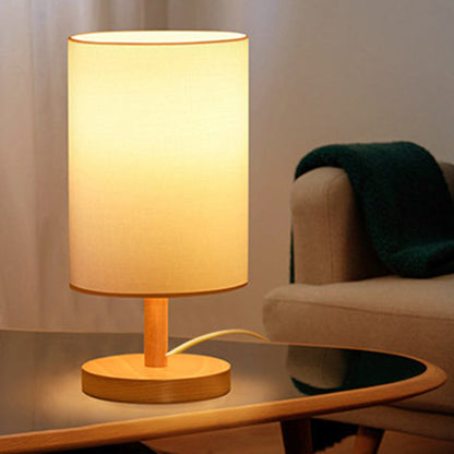 Traditionelle japanische Zylinder Holz Stoff 1-Licht Tischlampe für das Wohnzimmer