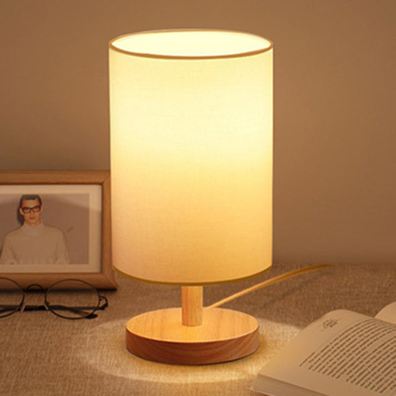 Traditionelle japanische Zylinder Holz Stoff 1-Licht Tischlampe für das Wohnzimmer
