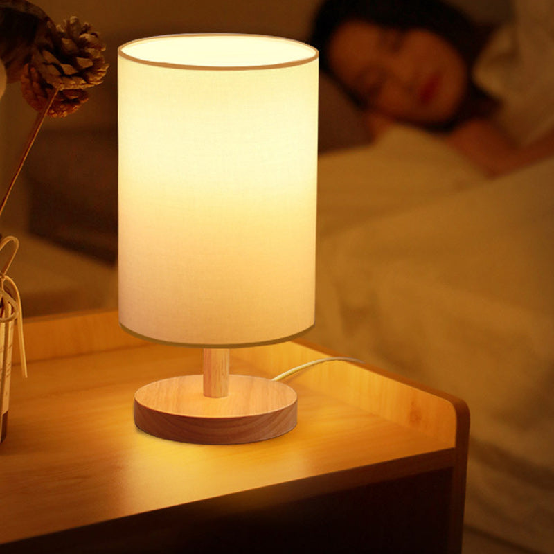 Traditionelle japanische Zylinder Holz Stoff 1-Licht Tischlampe für das Wohnzimmer