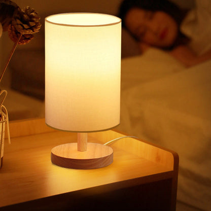 Traditionelle japanische Zylinder Holz Stoff 1-Licht Tischlampe für das Wohnzimmer
