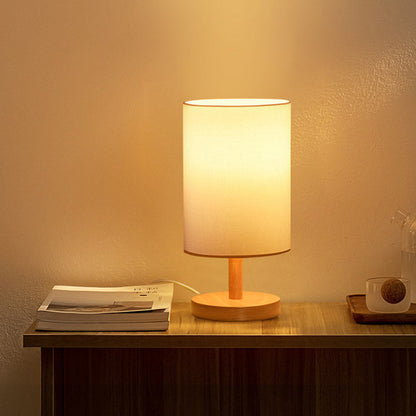 Traditionelle japanische Zylinder Holz Stoff 1-Licht Tischlampe für das Wohnzimmer