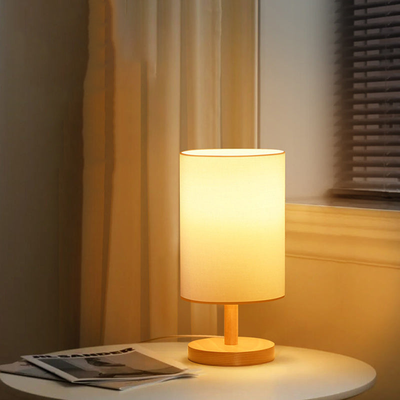 Traditionelle japanische Zylinder Holz Stoff 1-Licht Tischlampe für das Wohnzimmer