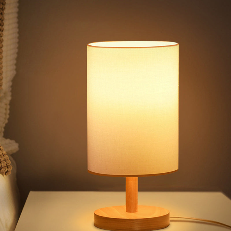 Traditionelle japanische Zylinder Holz Stoff 1-Licht Tischlampe für das Wohnzimmer