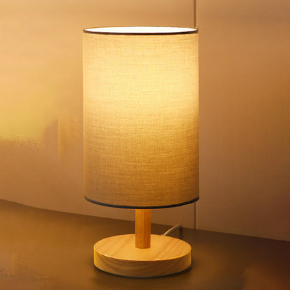 Traditionelle japanische Zylinder Holz Stoff 1-Licht Tischlampe für das Wohnzimmer