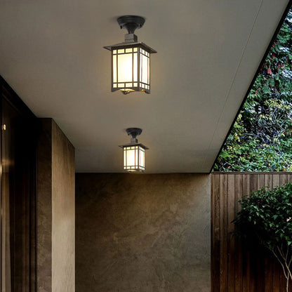 Traditionelle chinesische wasserdichte Eisen-Aluminium-Glas-Zylinder-Pergola 1-Licht halb eingelassene Deckenleuchte Außenleuchte für Terrasse im Freien